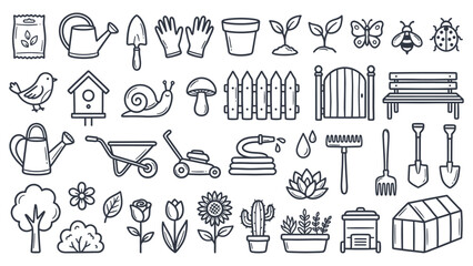 Gardening icons collection featuring various tools and plants in a simple line art style