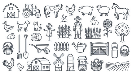 Black and white illustrations of farm animals and equipment arranged neatly on a white background