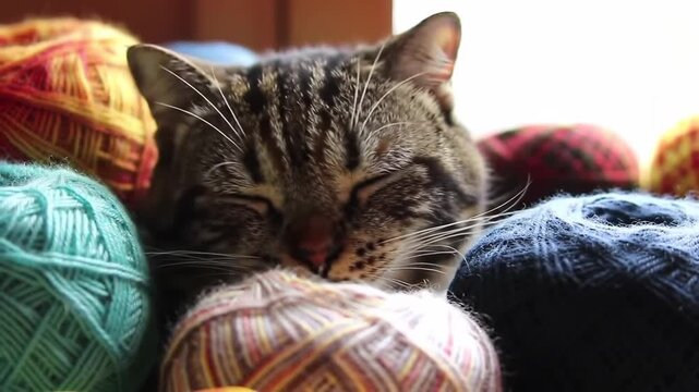 Cute tabby cat sleeping comfortably surrounded by colorful yarn balls, pet concept