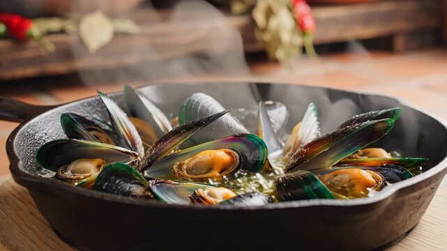 Steaming mussels in a black cast iron skillet some shells open with visible orange flesh set on a wooden board