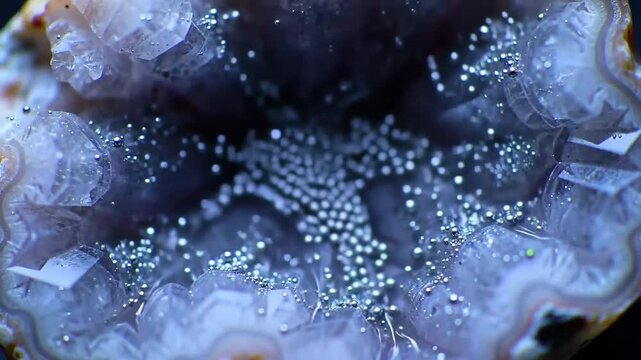 Closeup of agate geode with mineral formation of many small silver spheres.