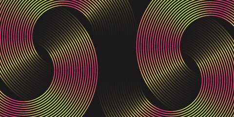 Dark geometric abstract background with overlapping circular lines in space. Modern graphic design element. eps10
