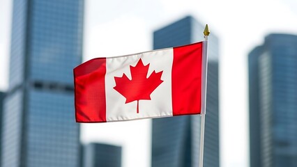 Canadian flag waving in front of modern city skyline with tall buildings