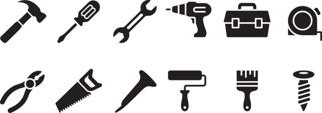 Construction hand tools and hardware equipment silhouette icons with hammer saw and screwdriver - Powered by Adobe