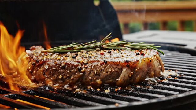 Delicious Steak Sizzling on the Grill with Flames, rosemary and condiments close up view