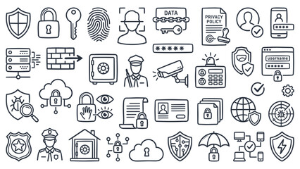 A collection of security icons representing protection, authentication, and safety measures in digital and physical environments