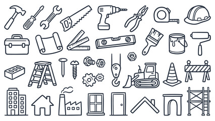 Collection of construction tools and equipment icons on a white background