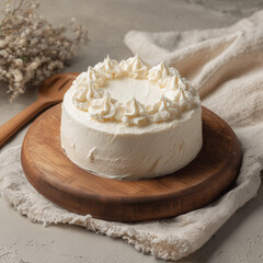 Elegant White Cream Cake on Wooden Board with Rustic Table Setting