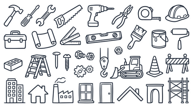 Collection of construction tools and equipment icons on a white background - Powered by Adobe