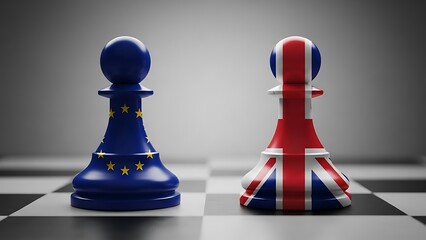 Chess pawns representing the european union and the united kingdom facing each other on a chessboard, symbolizing brexit negotiations and political conflict