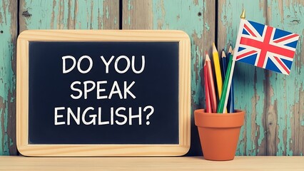 Chalkboard with do you speak english text, colored pencils, and a small union jack flag against a rustic wooden background, symbolizing language learning and communication