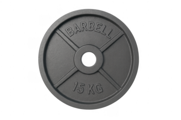 Barbell plate displaying 15 kg weight for fitness training