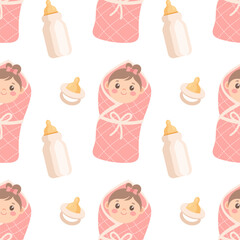 Seamless pattern with cute baby girl in blanket with bottles and pacifiers. Childish background, print.