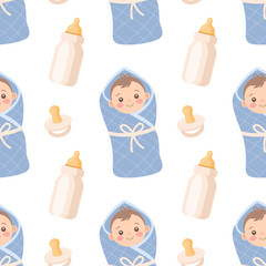 Seamless pattern with cute baby boy in blanket with bottles and pacifiers. Childish background, print.