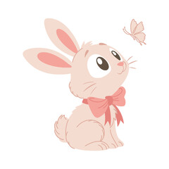 Cute pink bunny with butterfly on white background. Illustration.