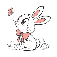 Sweet bunny looks at a pink butterfly. Line art illustration.