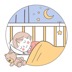Cute baby girl sleeping in bed with teddy bear in a crib at night. Line art illustration.