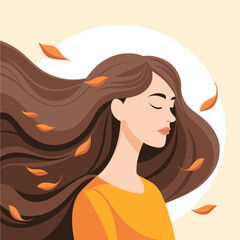 Serene Woman with Flowing Hair and Autumn Leaves