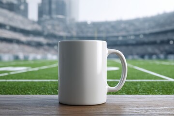 Obraz premium White Mug Mockup on Wood Table with Football Stadium View
