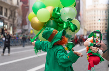 March, 15, 2025; Madrid, Spain. Festive leprechaun in St. Patrick's Day parade.