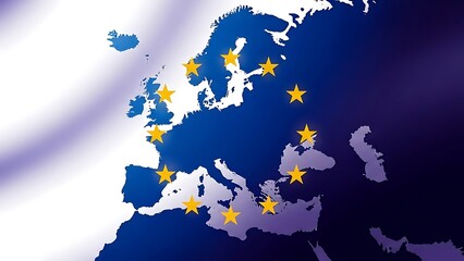Map of europe highlighting european union member states with golden stars on a dark blue and white gradient background