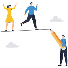 Fototapeta premium Flat vector style illustration of business leader guiding team by drawing path line with large pencil for leadership vision and achieve success stock illustration