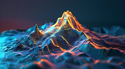 Futuristic visualization of a glowing mountain peak in a night landscape
