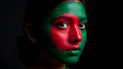 Portrait of a young bangladeshi woman with the flag painted on her face against a dark background