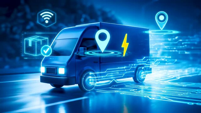 Blue Electric Delivery Van Driving at Night with Lightning Power Mark and Holographic Connectivity Elements for Smart Logistics Transport