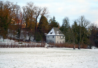 Winter season, snow and Garden house of Johann Wolfgang Goethe in Weimar, Germany