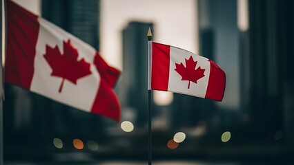 Two canadian flags waving in front of a blurred city skyline