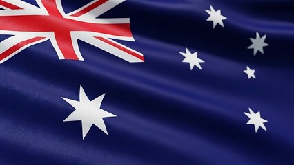Waving australian national flag with stars and union jack detail on blue fabric texture