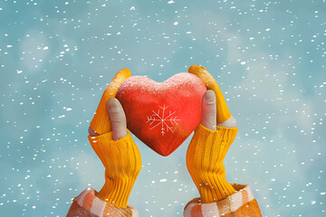 Winter love concept: hands holding heart in snowy scene for seasonal greetings