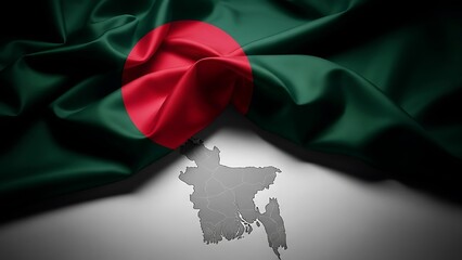 Waving flag of bangladesh with map silhouette on dark background