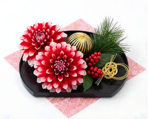 Japanese New Year Floral Decoration with Red Chrysanthemum on White Background