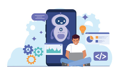 Man with AI website. Young guy sits near smartphone with Internet bots. Artificial intelligence and machine learning