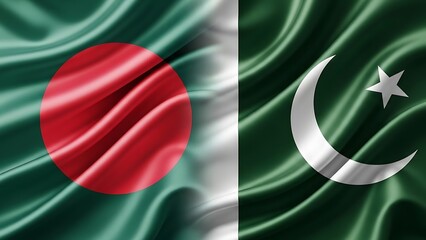 Waving flags of bangladesh and pakistan side by side, silk fabric texture, diplomatic relations concept