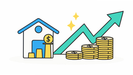 Increasing financial growth with rising graph and stacked coins near house