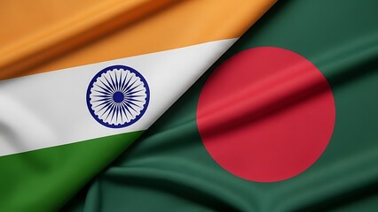 Waving flags of india and bangladesh together, concept of friendship and bilateral relations