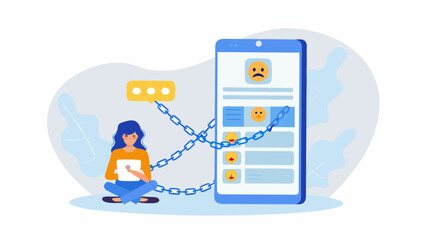 Woman chained to smartphone with social media addiction