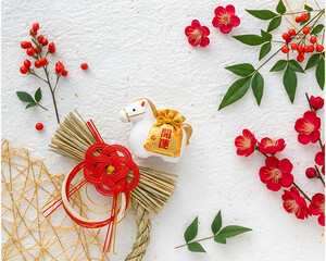 Japanese New Year Decoration with Zodiac Horse, Shimenawa and Gold Background