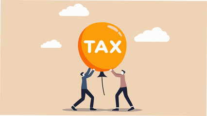 Two businessmen carrying large tax balloon together