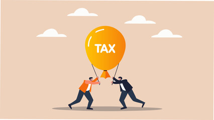 Businessmen tug on ropes attached to giant orange TAX balloon