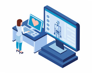 Woman working on laptop with medical data on large computer screen