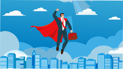 Confident businessman in superhero cape flying over cityscape