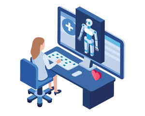 Businesswoman interacting with AI robot on dual computer screens