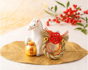 Japanese New Year Decoration with Zodiac Horse, Shimenawa and Gold Background
