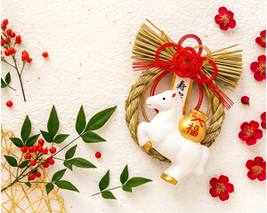 Japanese New Year Decoration with Zodiac Horse on Gold Background