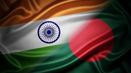 Waving silk flag of india and bangladesh combined, symbolizing friendship and bilateral relations between the two nations in a dramatic, closeup view