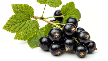 Fototapeta premium Black currant cluster with green leaves – symbol of natural ingredients and rustic nutrition
